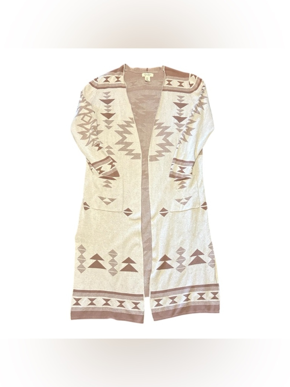 Jessica Simpson Ivory and Taupe Aztec Open-Front Cardigan
